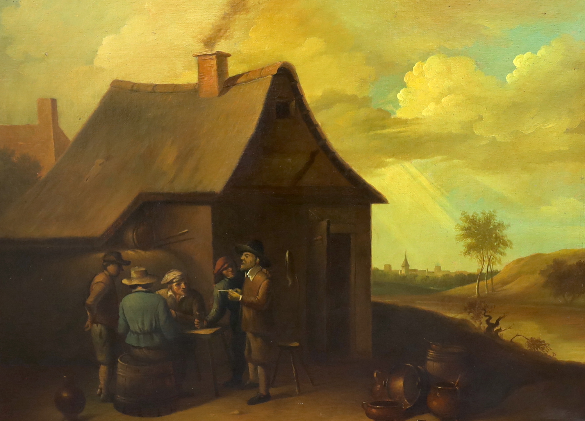 Dutch School, pair of oils on canvas, Tavern scene and Pastoral landscape, each with Galleria D'Arte inscribed labels verso, unsigned, 59 x 79cm